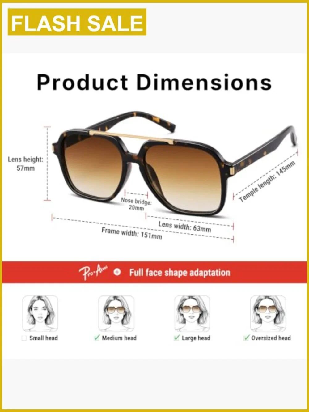 Oversized Aviator Sunglasses Retro Square Frame UV400 Protection 63mm Lens